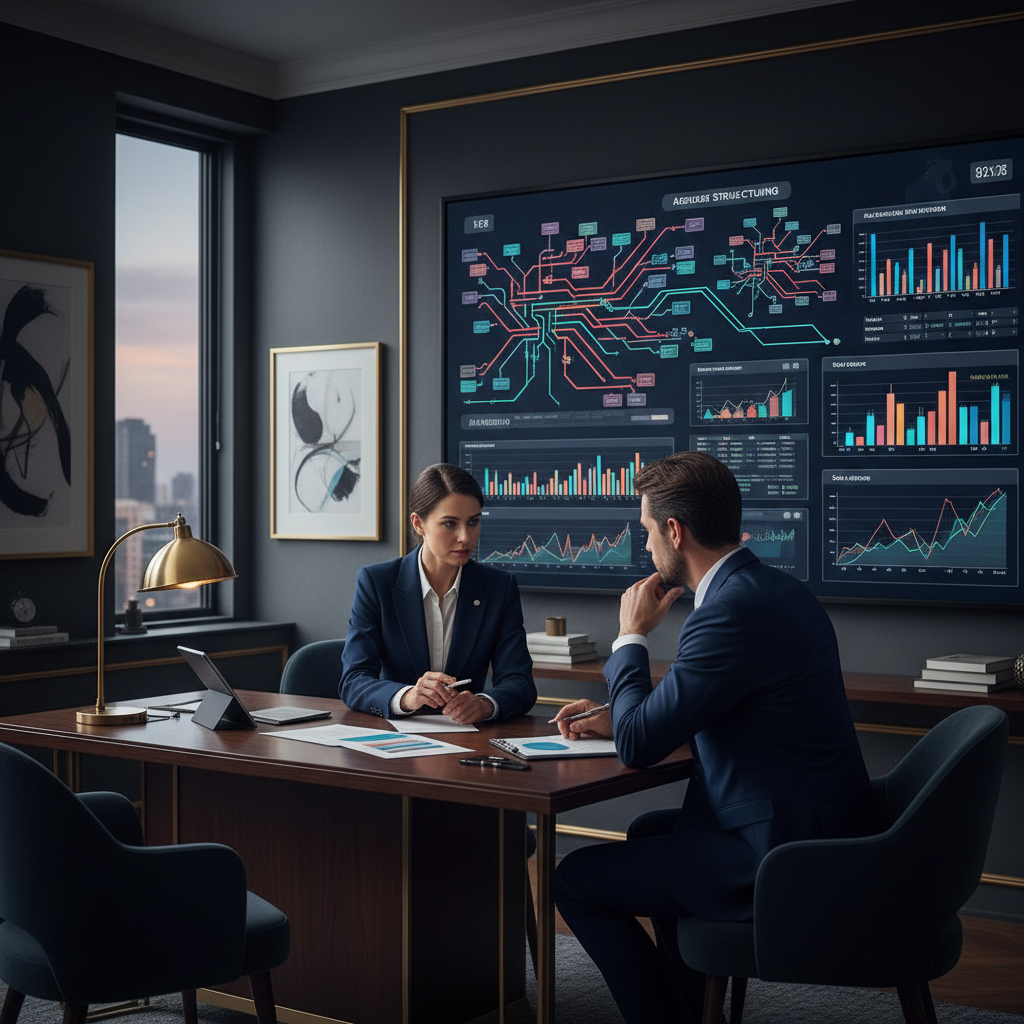 Financial advisory experts reviewing structuring diagrams in a professional office